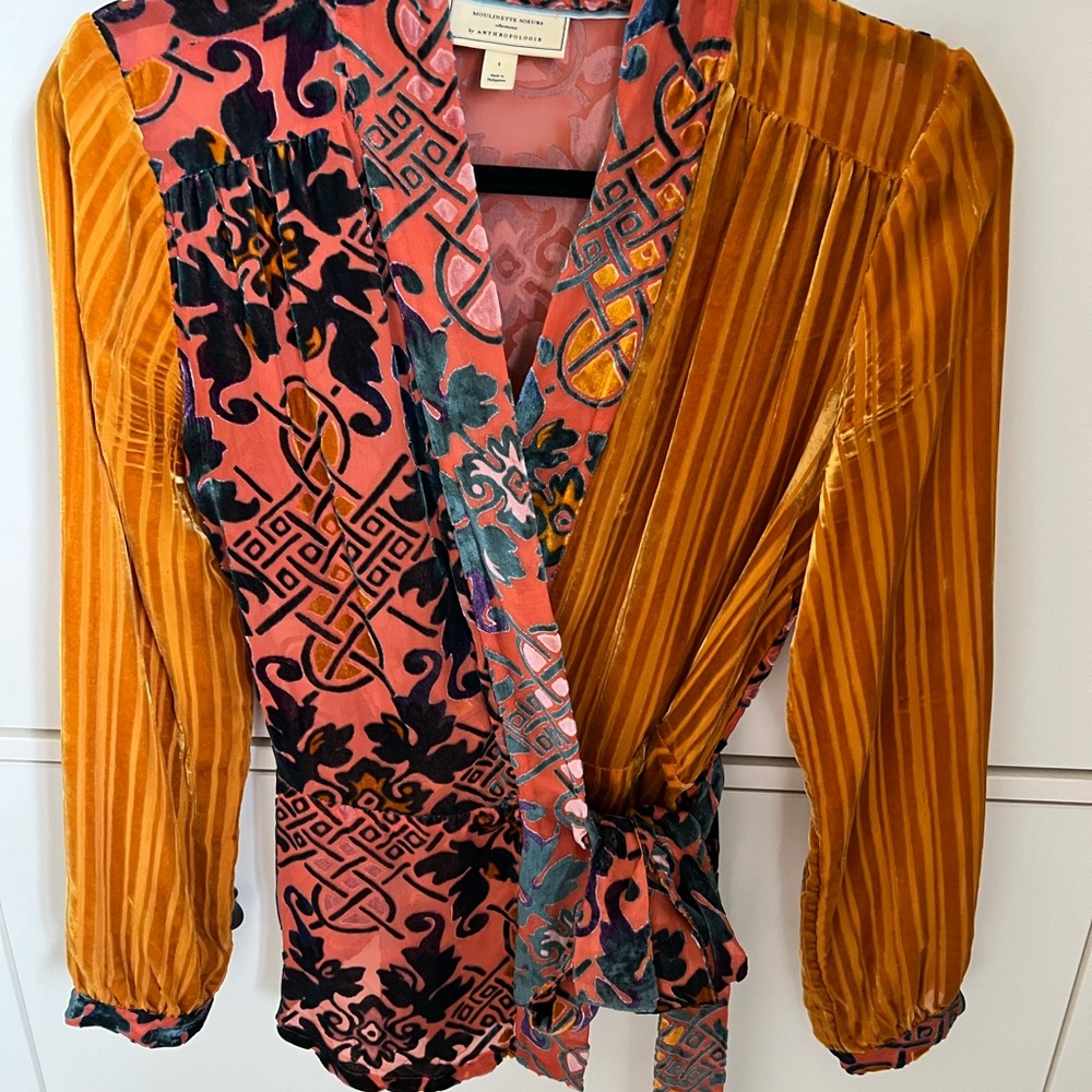 Moulinette Soeurs Black and Pink Wrap Blouse with Long Sleeves